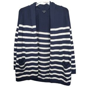Talbots Petite Cotton/Cashmere Blend Navy Striped Open Front Cardigan Size LP